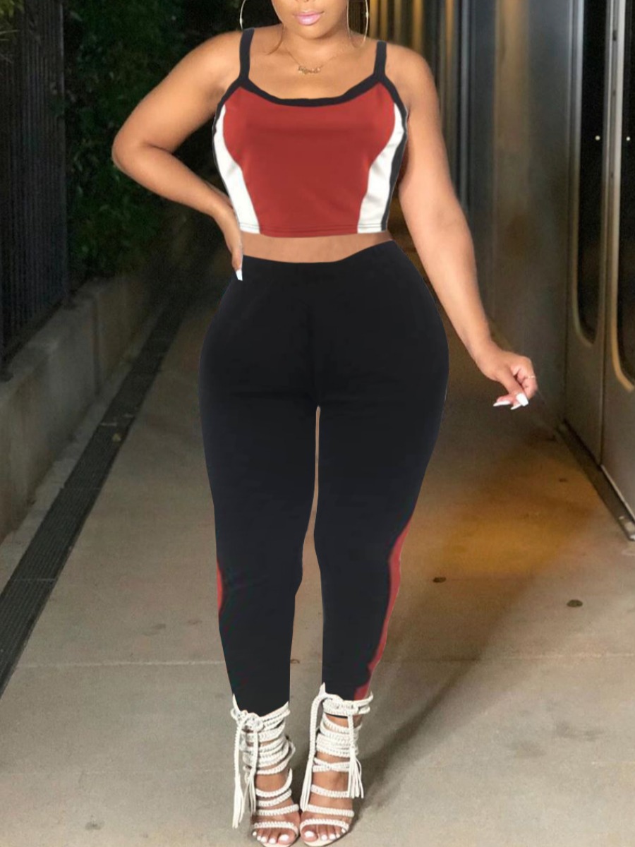 

lovely Sportswear Spaghetti Strap Patchwork Black Two Piece Pants Set