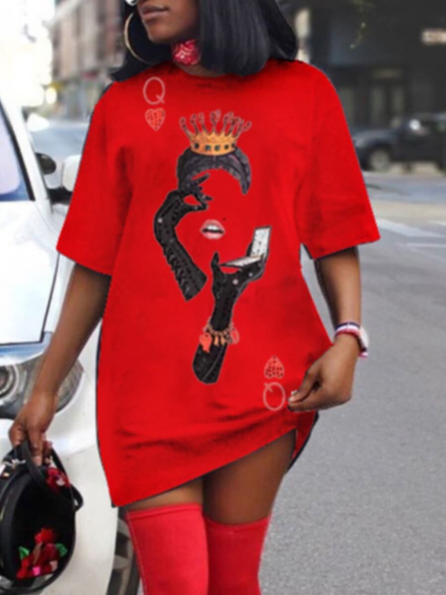 

Lovely Street O Neck Print Red Mini Dress