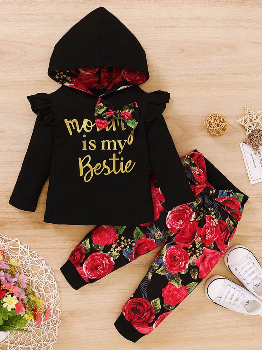 

lovely Casual Hooded Collar Letter Print Black Girl Two-piece Pants Set