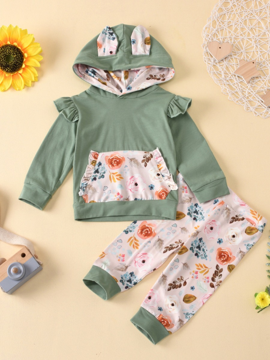 

lovely Sweet Hooded Collar Print Patchwork Green Girl Two-piece Pants Set
