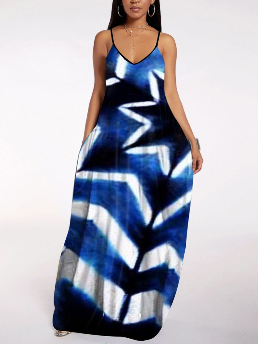 

lovely Trendy Spaghetti Strap Tie-dye Deep Blue Maxi Plus Size Dress