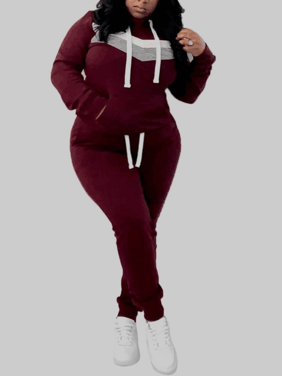 

LW Plus Size Hooded Collar Patchwork Tracksuit Set, Wine red