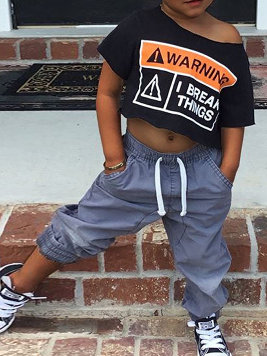 

lovely Casual O Neck Letter Print Black Girl Two-piece Pants Set
