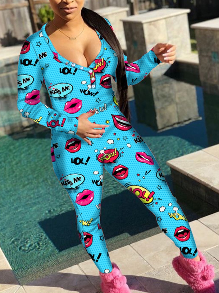 

lovely Sportswear V Neck Lip Print Blue One-piece Jumpsuit