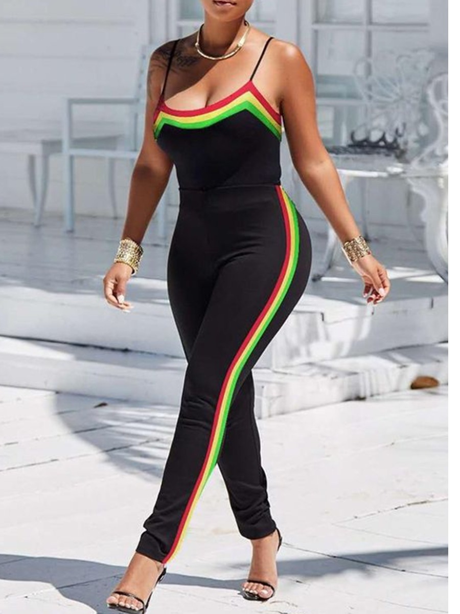 

lovely Sportswear Spaghetti Strap Patchwork Black One-piece Jumpsuit