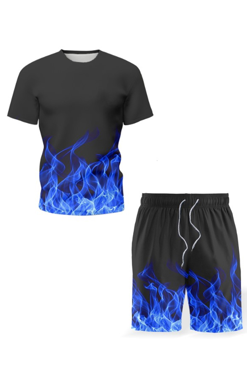 

Men Lovely Casual O Neck Print Blue Two-piece Shorts Set