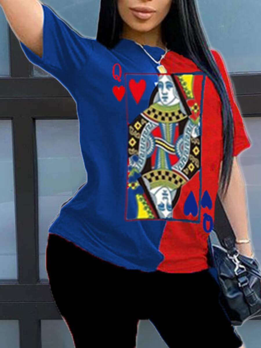 

Lovely Casual O Neck Print Patchwork Blue Plus Size T-shirt