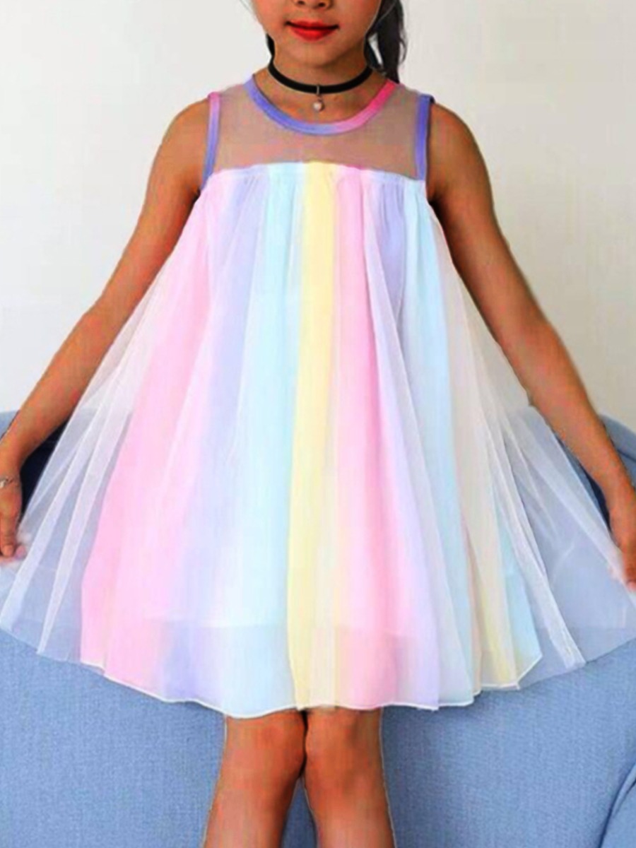

lovely Trendy O Neck Rainbow Striped Patchwork Multicolor Girl Knee Length Dress, Multi