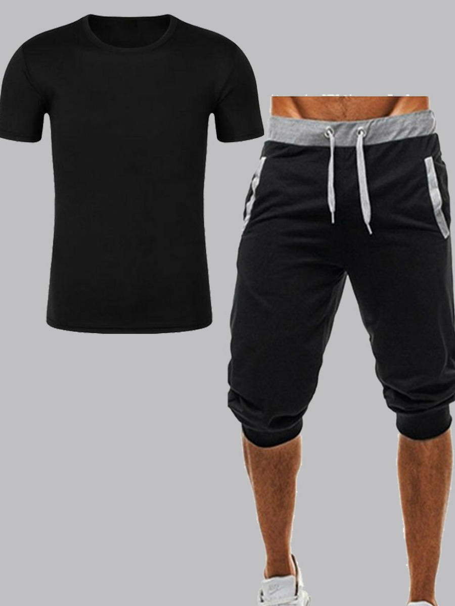 

Men lovely Sportswear O Neck Patchwork Drawstring Black Two-piece Shorts Set