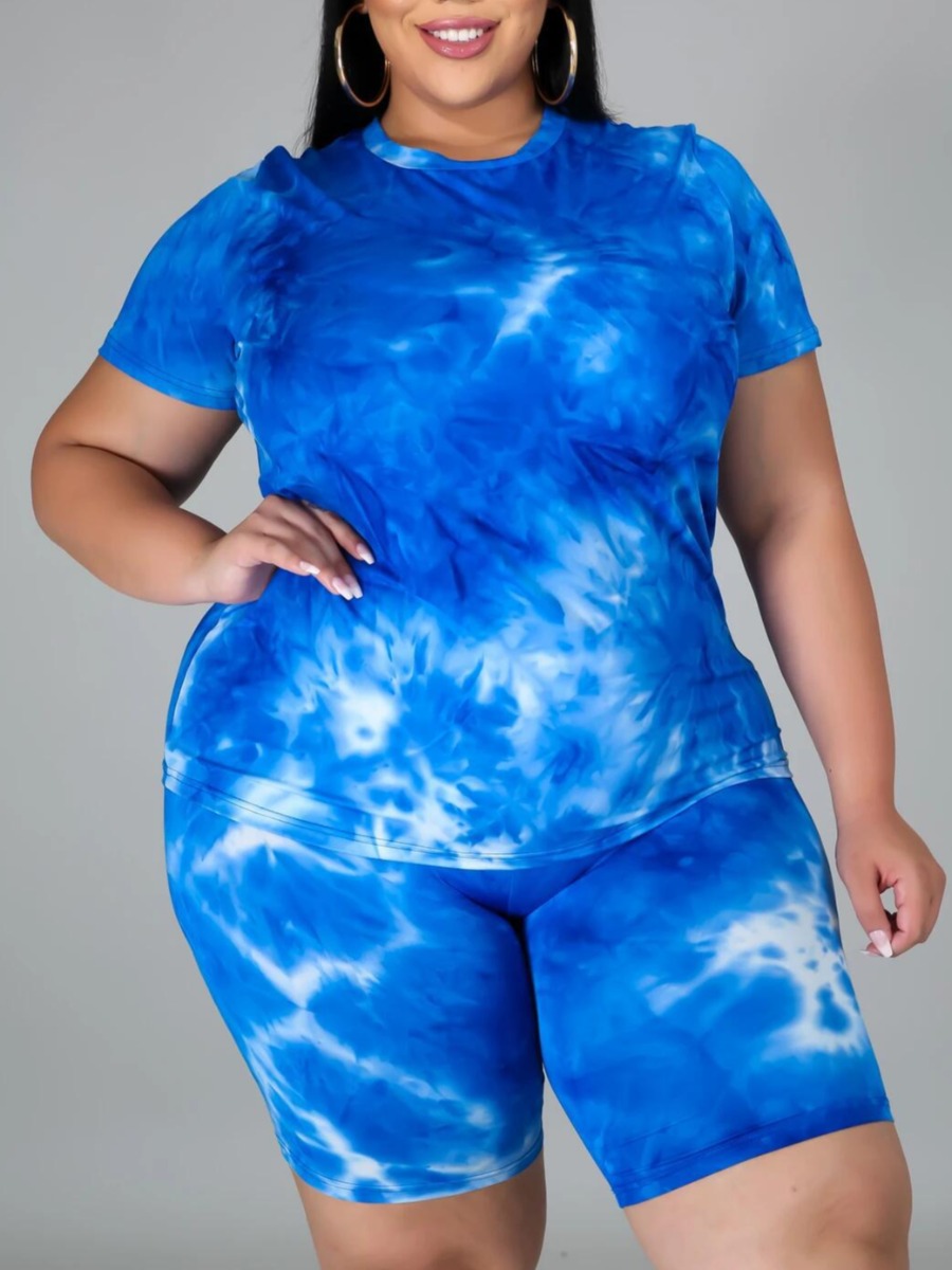 

lovely Leisure O Neck Tie-dye Blue Plus Size Two-piece Shorts Set