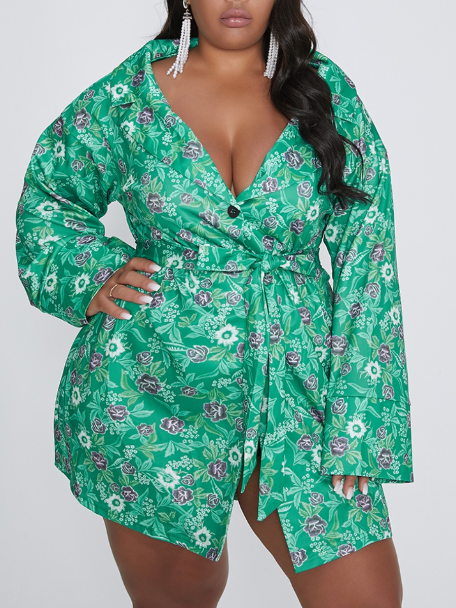 

lovely Trendy Floral Print Knot Design Green Mini Plus Size Dress
