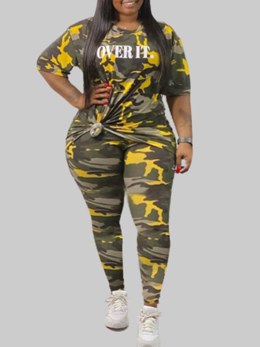 

LW Plus Size O Neck Camo Print Pants Set, Yellow