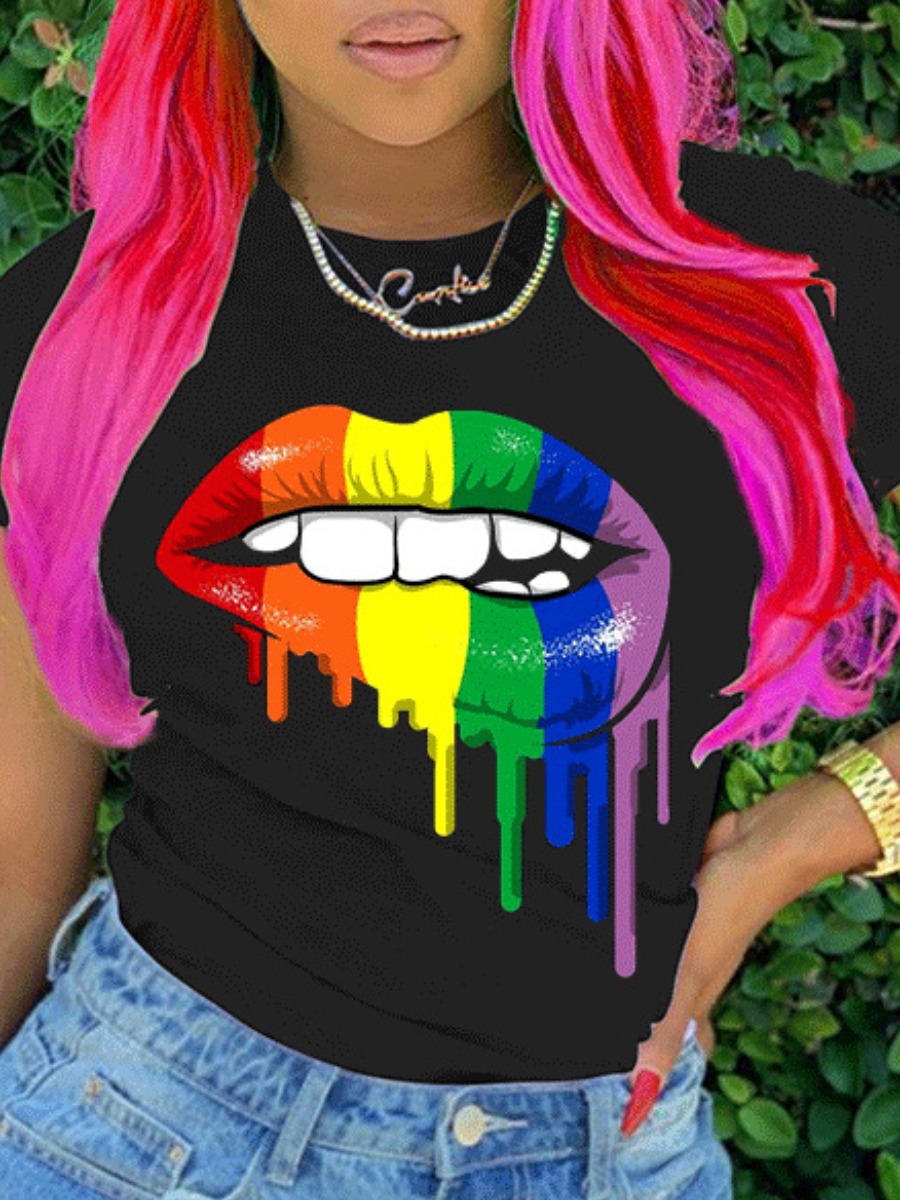 

lovely Casual O Neck Lip Print Black Plus Size T-shirt