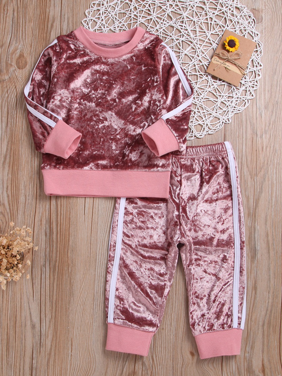 

lovely Sportswear O Neck Patchwork Pink Girl Two-piece Pants Set
