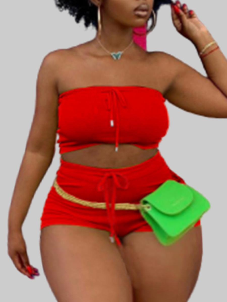 

lovely Sexy Dew Shoulder Lace-up Red Plus Size Two-piece Shorts Set