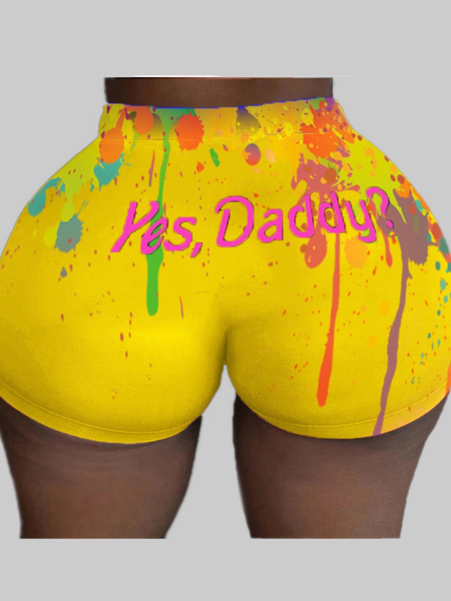 

Lovely Plus Size Casual Letter Print Black Shorts, Yellow