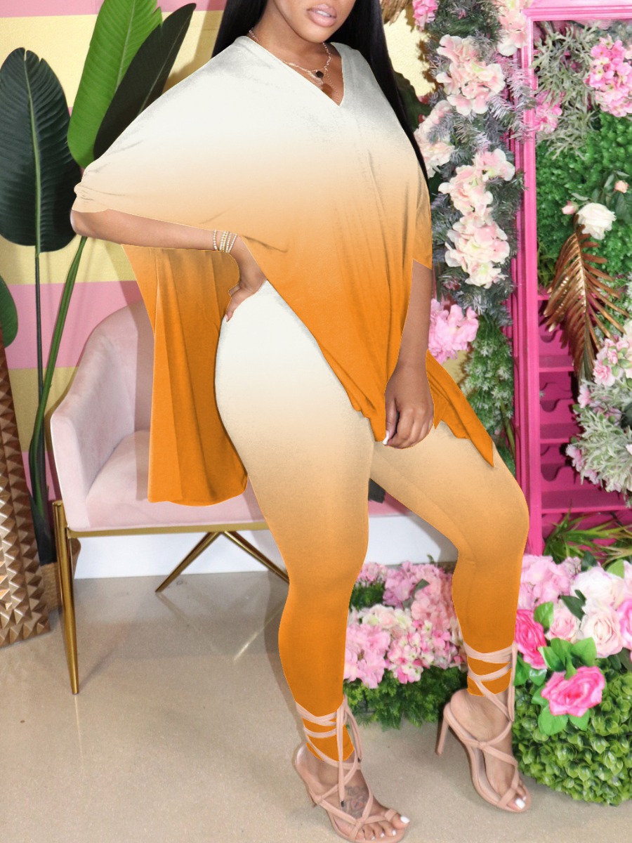 

lovely Casual V Neck Gradient Croci Two Piece Pants Set