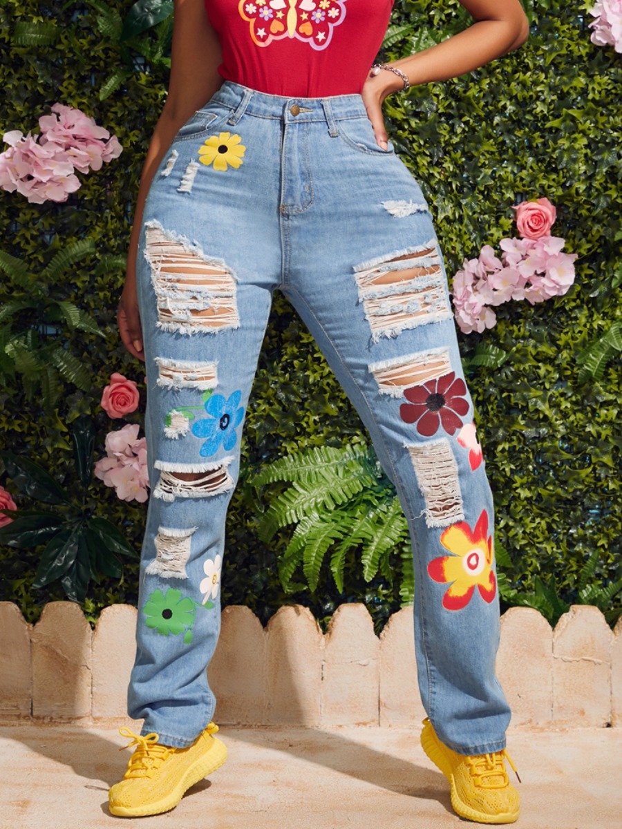 

Lovely Street Broken Holes Hollow-out Baby Blue Jeans