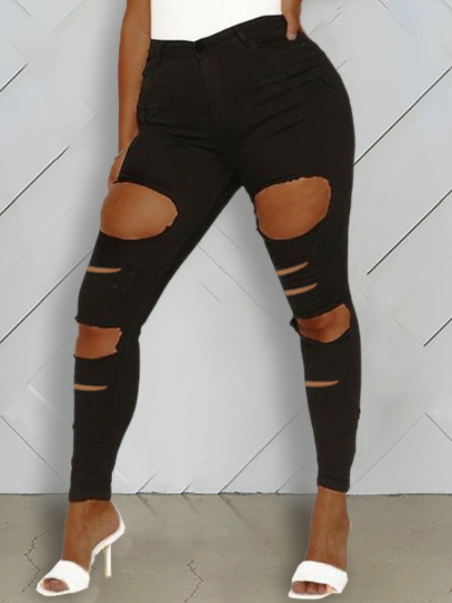 

lovely Street Hollow-out Black Jeans