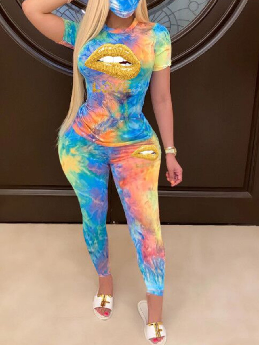 

lovely Casual O Neck Lip Print Blue Plus Size Two-piece Pants Set, Yellow