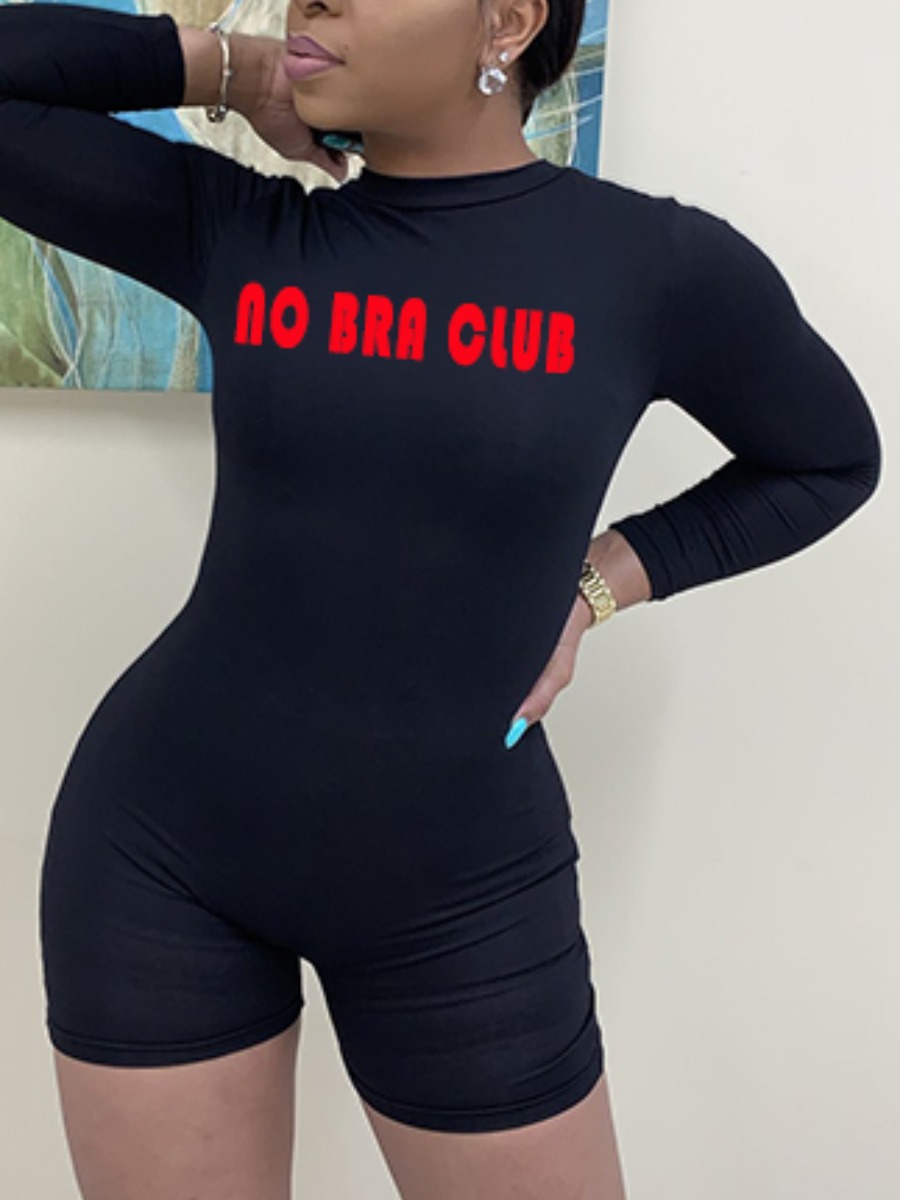 

lovely Sportswear Letter Print Skinny Black One-piece Romper
