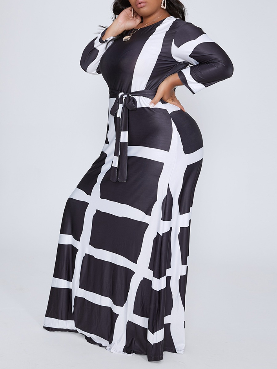 

lovely Trendy Print Black And White Maxi Plus Size Dress, Black & white tartan