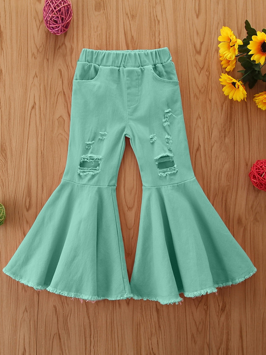 

lovely Trendy Broken Holes Flared Green Girl Jeans