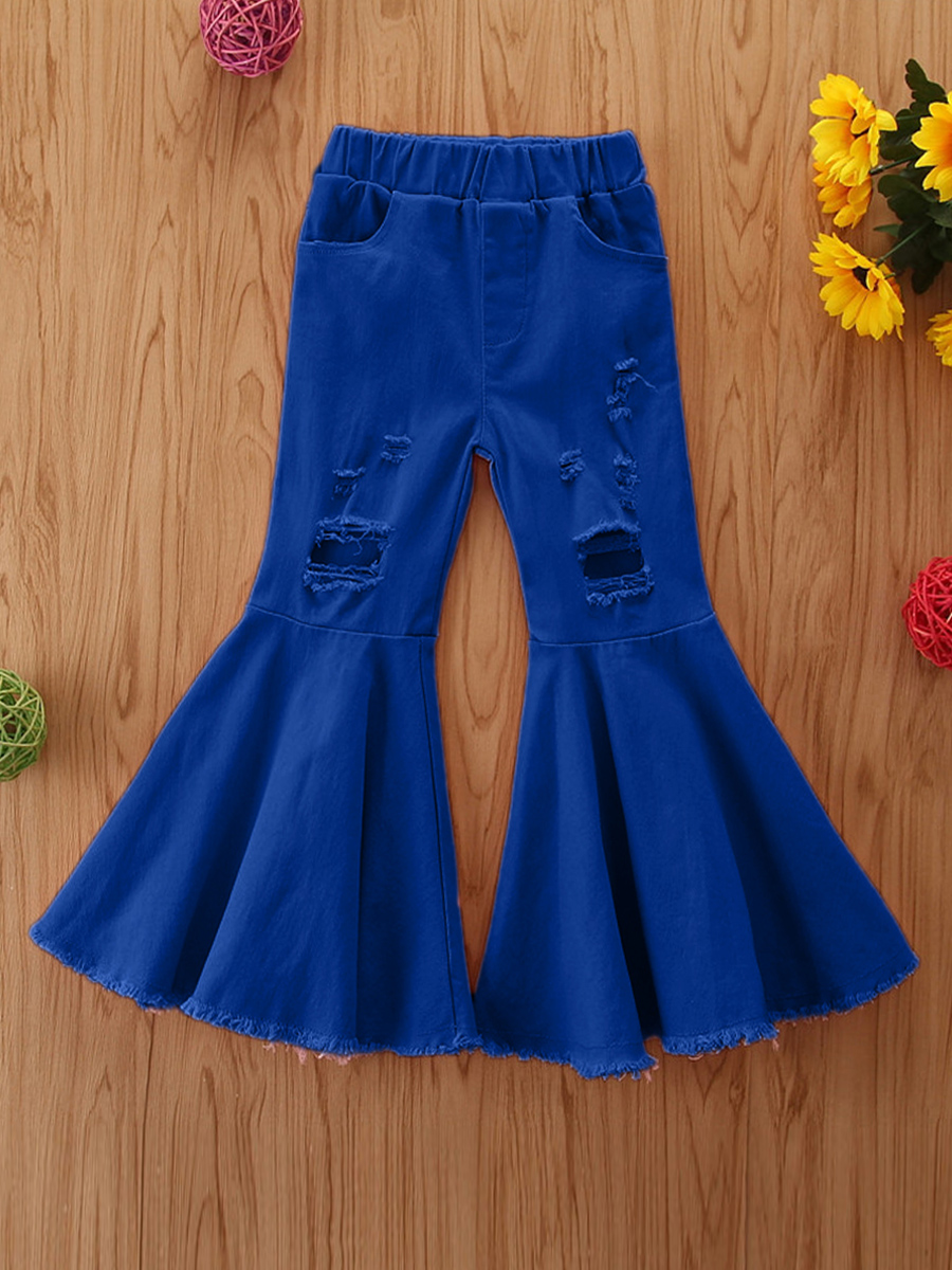 

lovely Trendy Broken Holes Flared Royalblue Girl Jeans