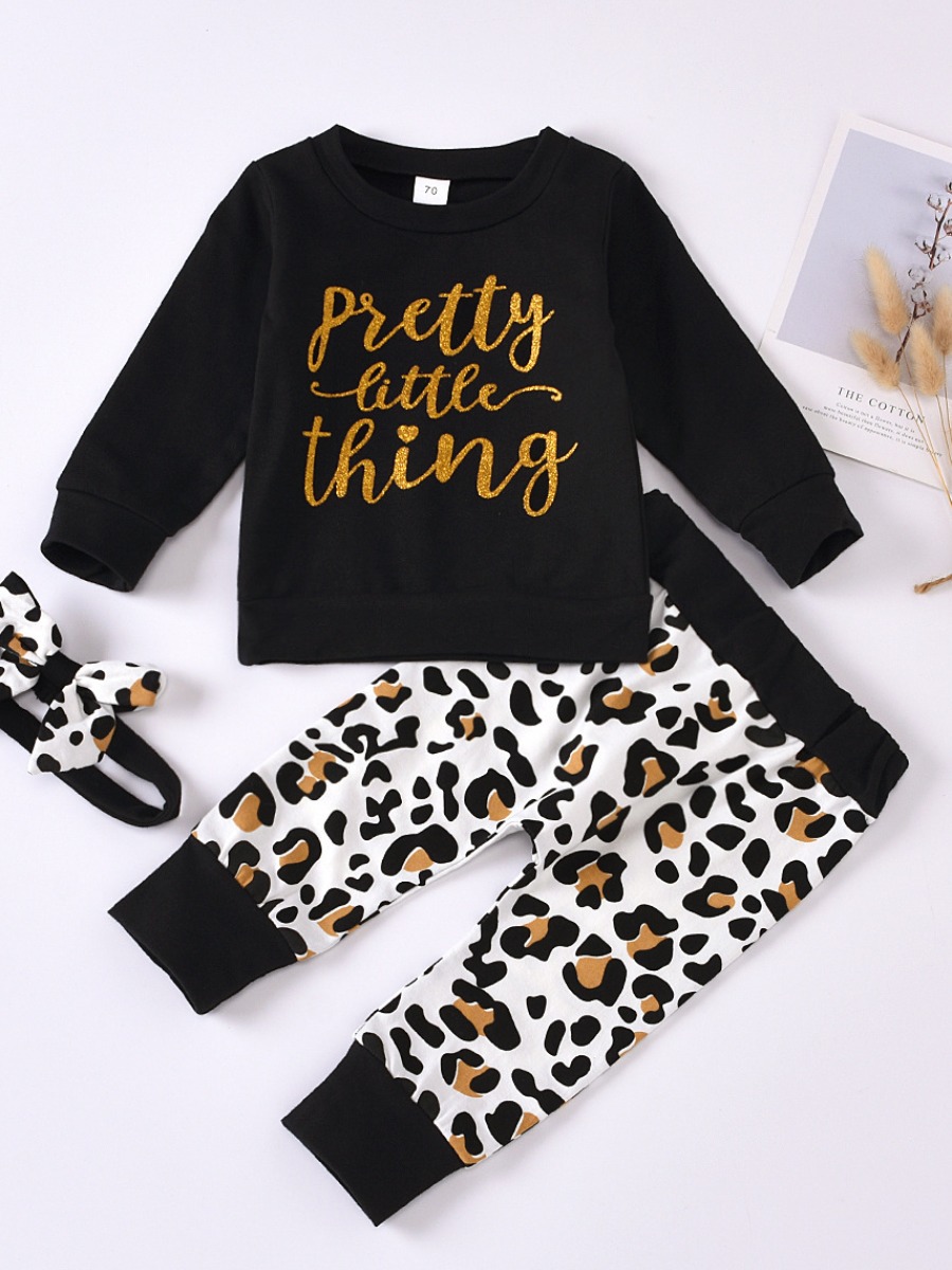 

lovely Casual O Neck Letter Print Black Girl Two-piece Pants Set