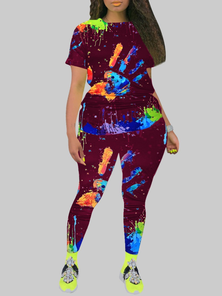 

lovely Street O Neck Graffiti Print Red Plus Size Two-piece Pants Set