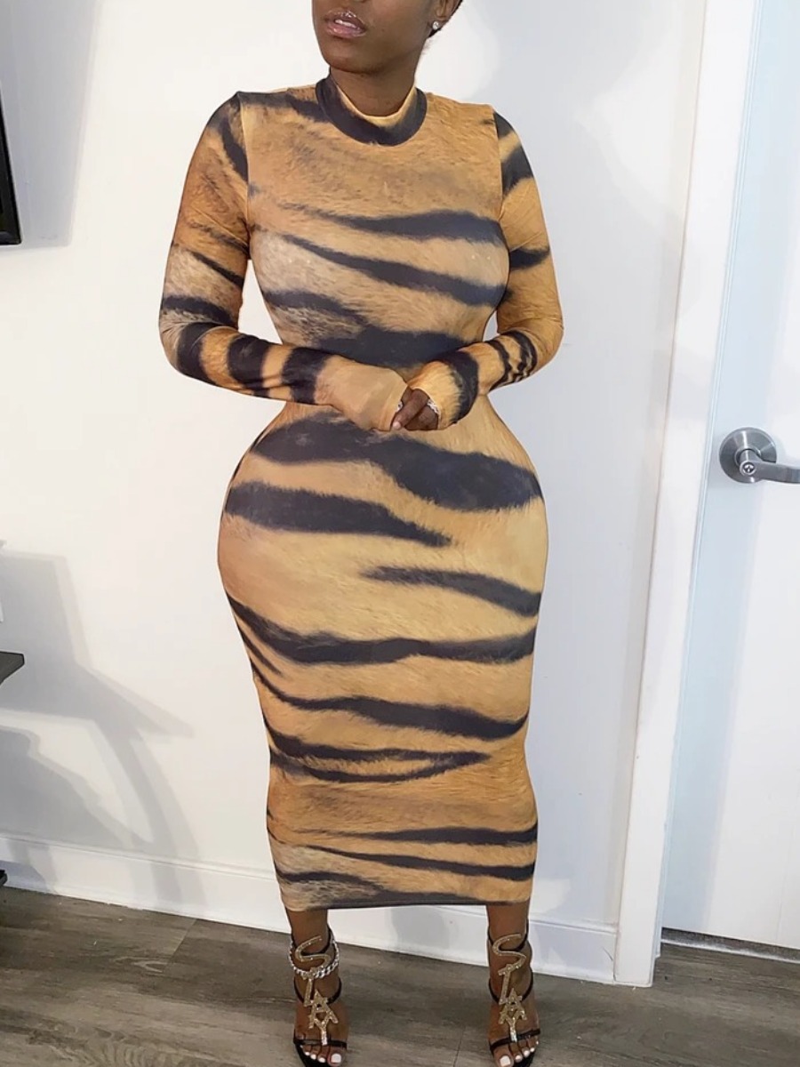 

lovely Casual O Neck Tiger Stripes Mid Calf Dress