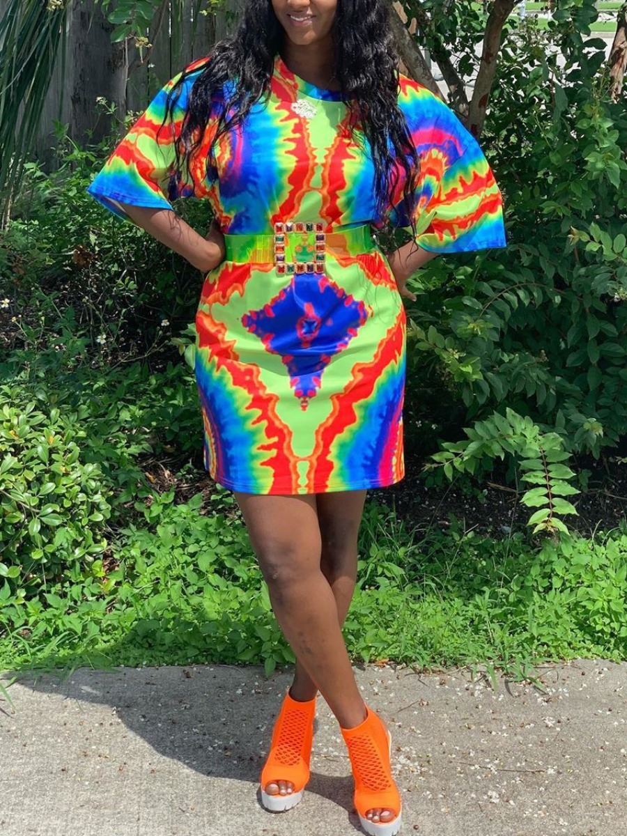 

lovely Bohemian O Neck Tie-dye Multicolor Mini Dress, Multi