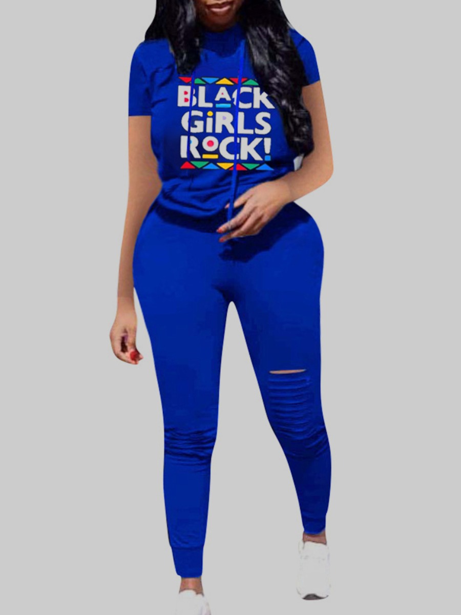 

lovely Casual Letter Print Blue Plus Size Two-piece Pants Set