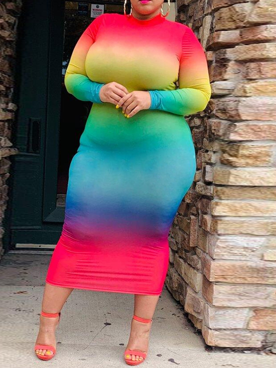 

lovely Casual O Neck Gradient Multicolor Mid Calf Plus Size Dress, Multi