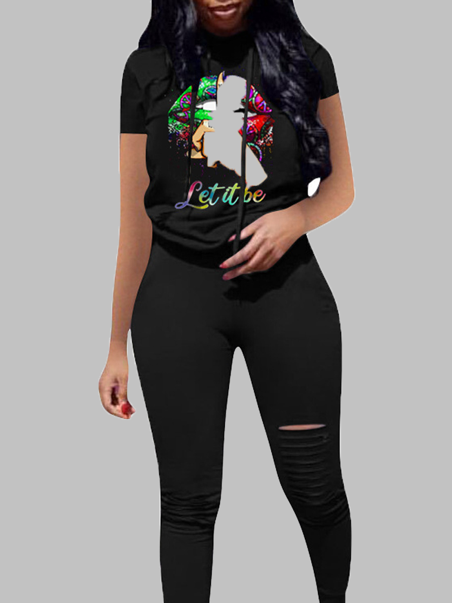 

lovely Leisure O Neck Lip Print Black Plus Size Two-piece Pants Set