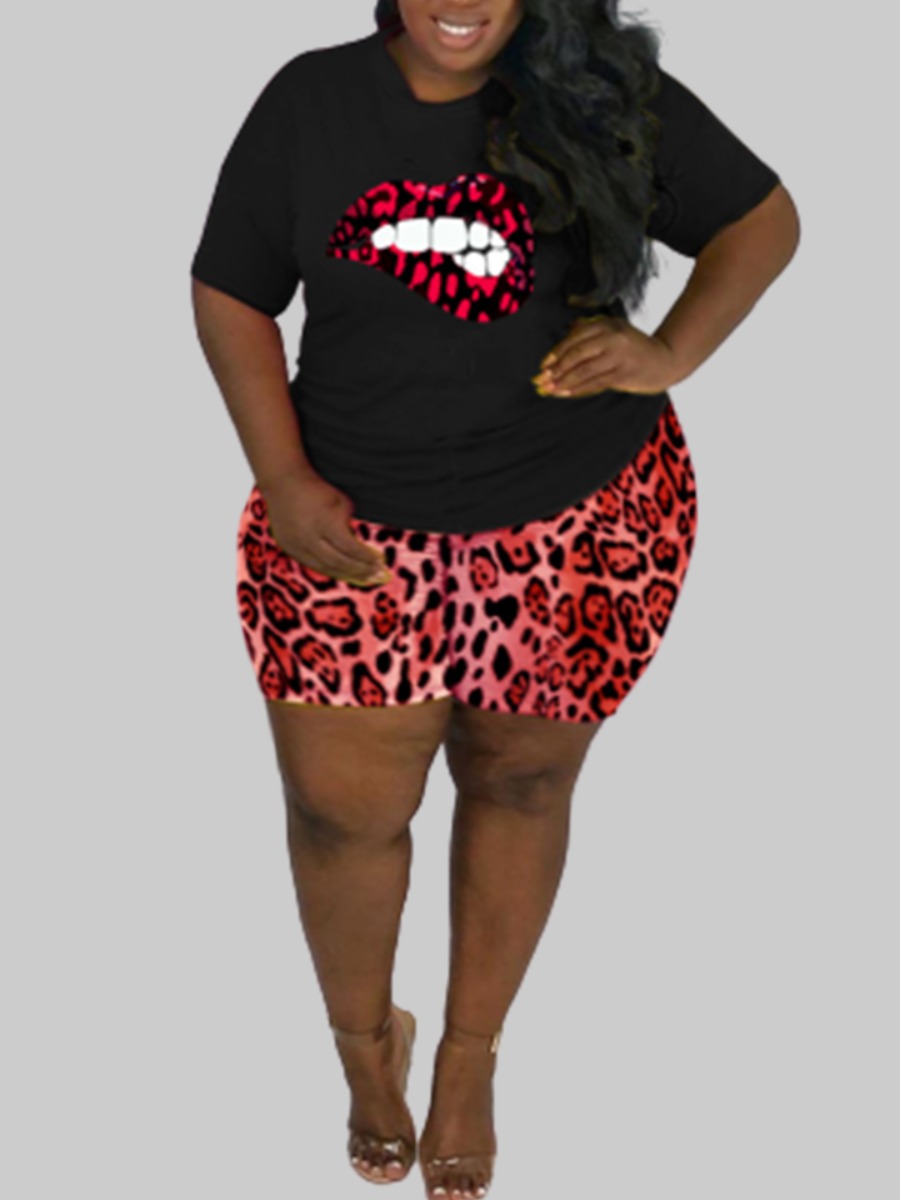 

lovely Casual O Neck Lip Print Red Plus Size Two-piece Shorts Set