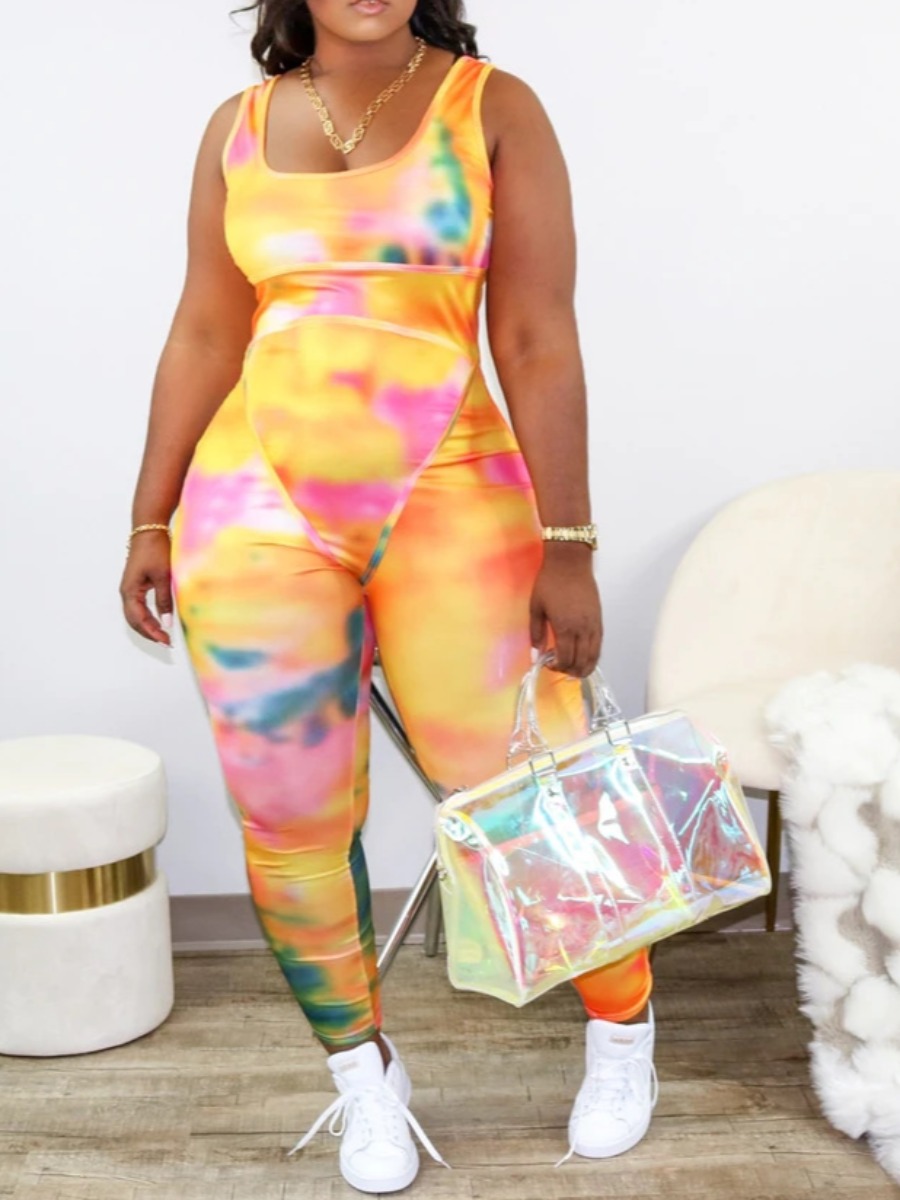 

lovely Casual U Neck Tie-dye Orange Plus Size Two-piece Pants Set