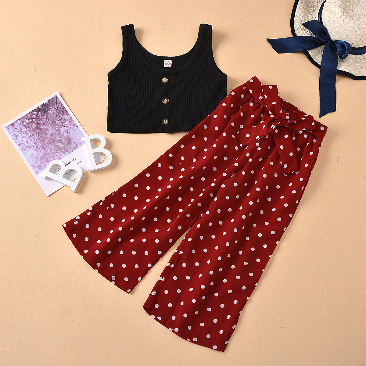 

lovely Sweet Dot Print Buttons Design Red Girl Two-piece Pants Set