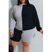 lovely Casual O Neck Patchwork Black Plus Size Two