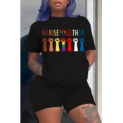 Lovely Sportswear Print Black Two-piece Shorts Set