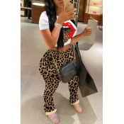 Lovely Casual O Neck Leopard Print Two Piece Pants