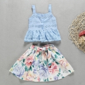 lovely Sweet Floral Print Baby Blue Girl Two-piece
