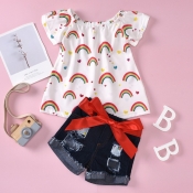 lovely Casual O Neck Print White Girl Two-piece Sh