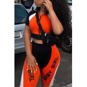 lovely Sportswear Letter Patchwork Orange Two-piec