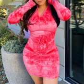 lovely Trendy Tie-dye Zipper Design Red Mini Dress