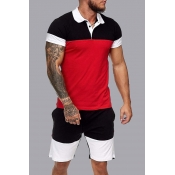 Men Lovely Casual Patchwork Red Two-piece Shorts S