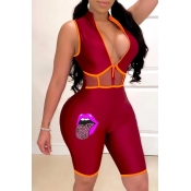 lovely Sportswear Patchwork Wine Red One-piece Rom