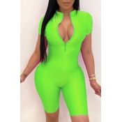 lovely Sportswear Zipper Design Green One-piece Ro