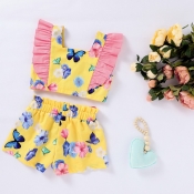 lovely Sweet Butterfly Print Yellow Girl Two-piece