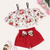 lovely Sweet Plants Print Red Girl Two-piece Short